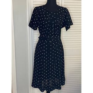 1940s Blk white polka dot sheer rayon pleated bodice day dress belt Rockabilly‎
